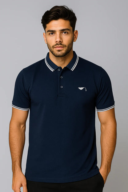 Men’s Navy Blue Polo Shirt – Elegant Contrast Collar Style