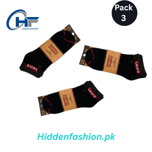 HF Branded L-e-v-i-s Ankle Socks (Pack of 3 – Black)