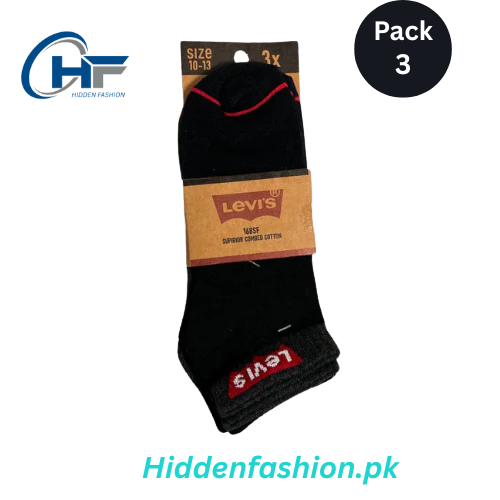 HF Branded L-e-v-i-s Ankle Socks (Pack of 3 – Black)