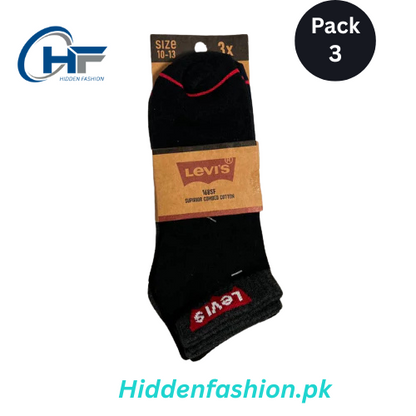 HF Branded L-e-v-i-s Ankle Socks (Pack of 3 – Black)