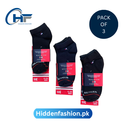 HF Branded T-O-M-M-Y H-I-L-F-I-G-E-R Ankle Socks (Pack of 3 – Black)